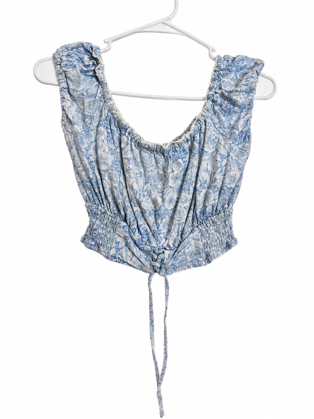 Aeropostale Light Blue Floral Smocked Crop Top with Tie